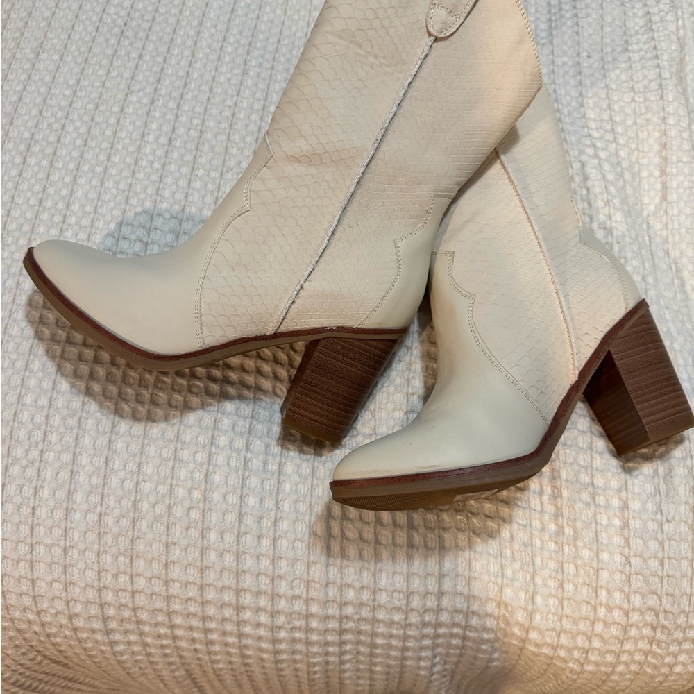MIA Cream and Brown Heeled Boots with Western Flair